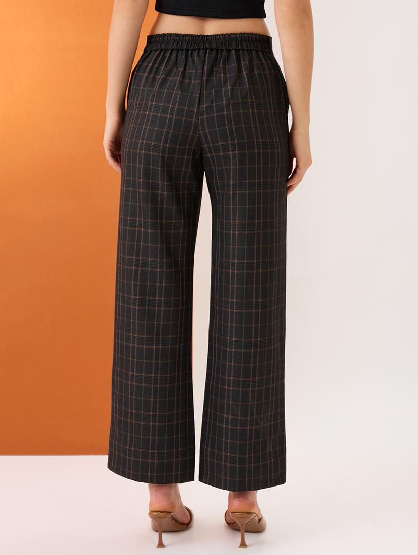 women plaid checks mid-rise elasticated back straight fit formal trousers - 21980148 - Standard Image - 2
