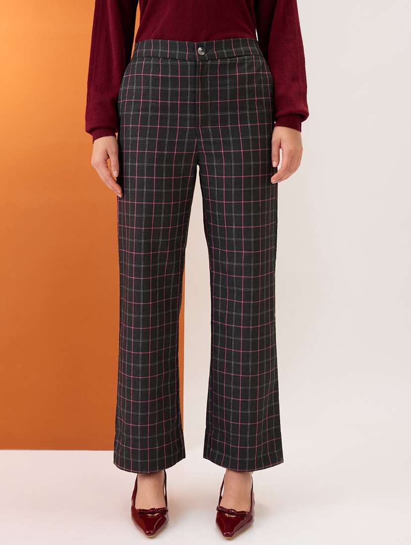 women black checkered mid-rise elasticated back straight fit formal trousers