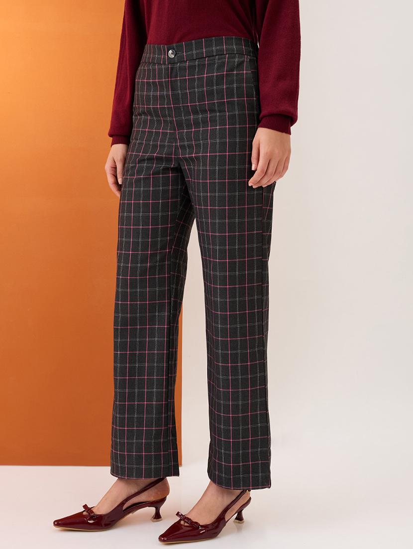 women black checkered mid-rise elasticated back straight fit formal trousers - 21980149 - Standard Image - 2