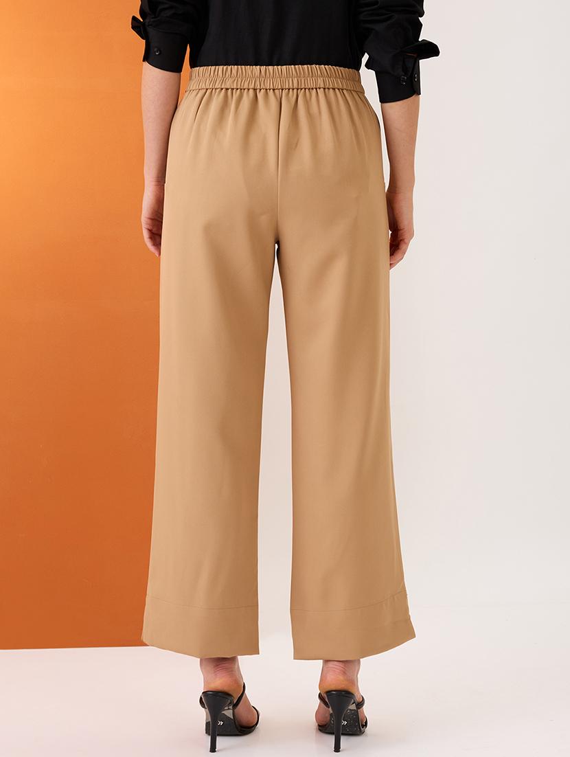women khaki solid mid-rise bottom hem slits relaxed fit formal trousers - 21980150 - Standard Image - 2