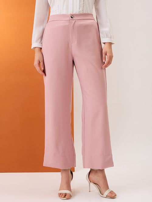 women blush pink solid mid-rise bottom hem slits relaxed fit formal trousers - 21980151 - Standard Image - 0