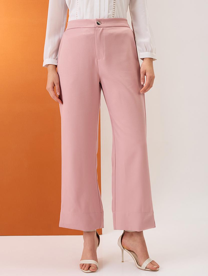 women blush pink solid mid-rise bottom hem slits relaxed fit formal trousers - 21980151 - Zoom Image - 0