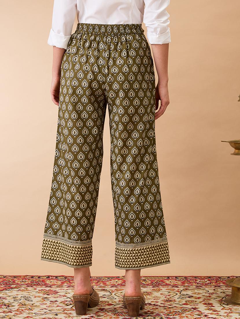 women olive ethnic print mid-rise straight fit fusion trousers - 21980152 - Standard Image - 2