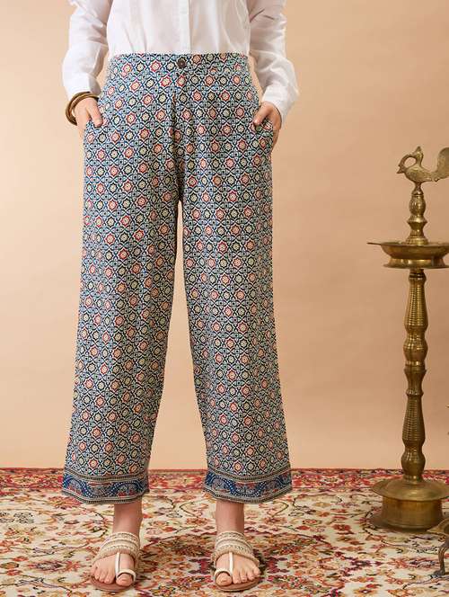 women indigo ethnic print mid-rise straight fit fusion trousers - 21980153 -  Standard Image - 0