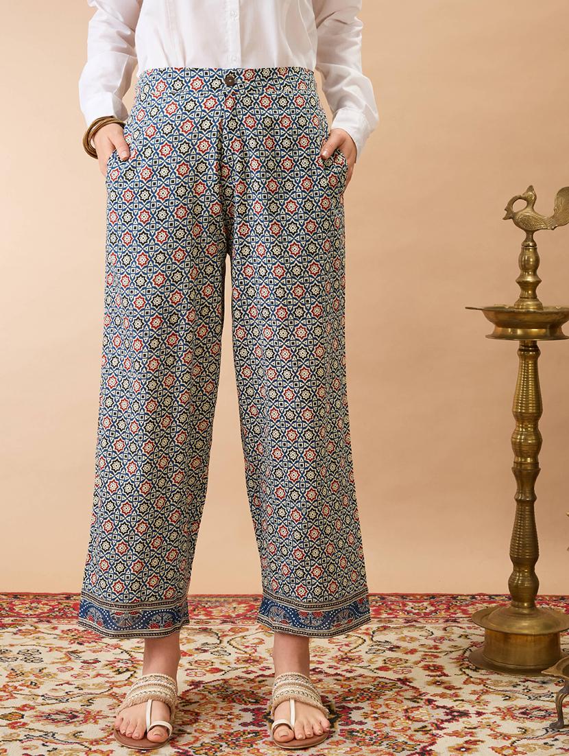 women indigo ethnic print mid-rise straight fit fusion trousers - 21980153 -  Zoom Image - 0