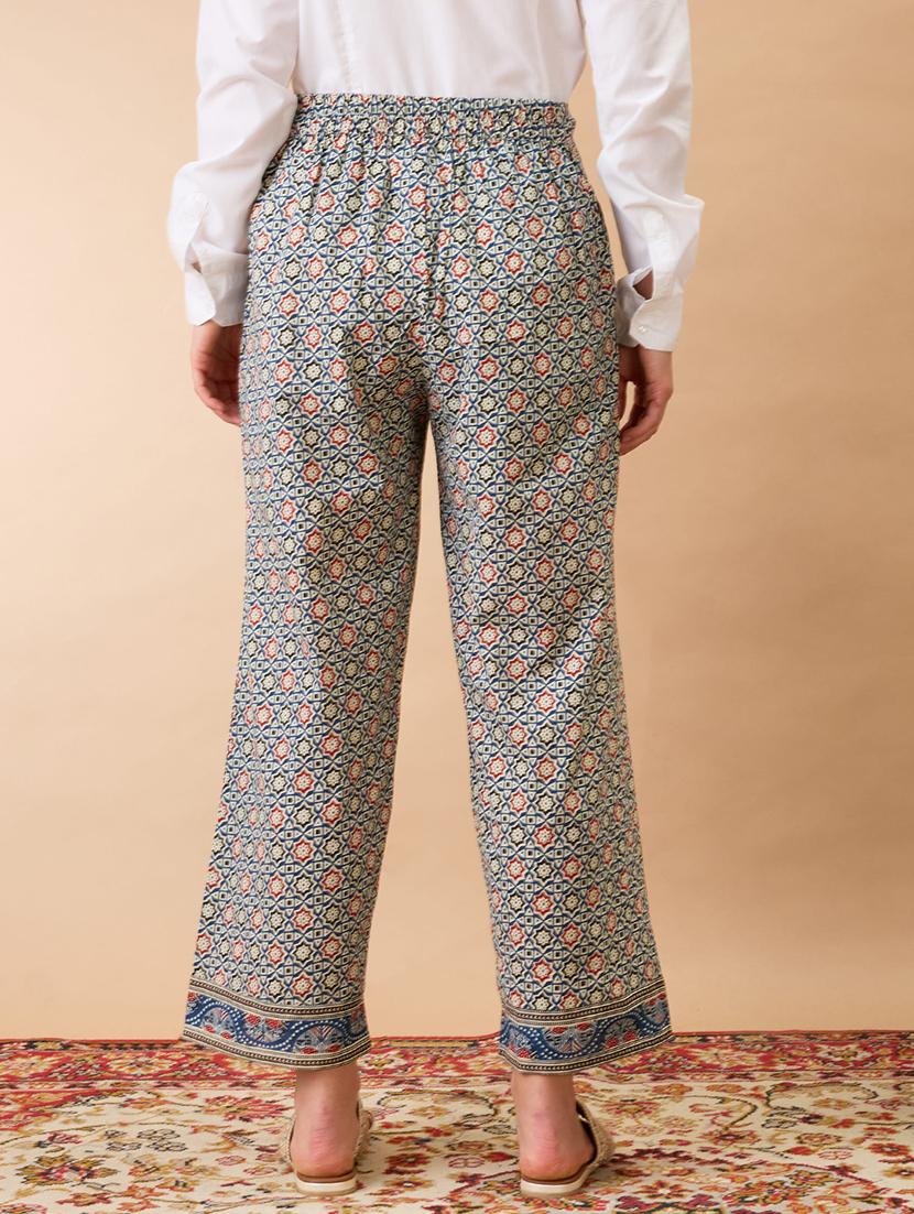 women indigo ethnic print mid-rise straight fit fusion trousers - 21980153 - Standard Image - 2