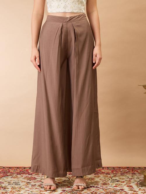 women taupe solid mid-rise pleated wide leg flared fusion trousers - 21980154 -  Standard Image - 0