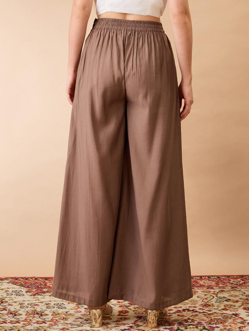 women taupe solid high rise wide leg palazzo - 21980154 - Standard Image - 2