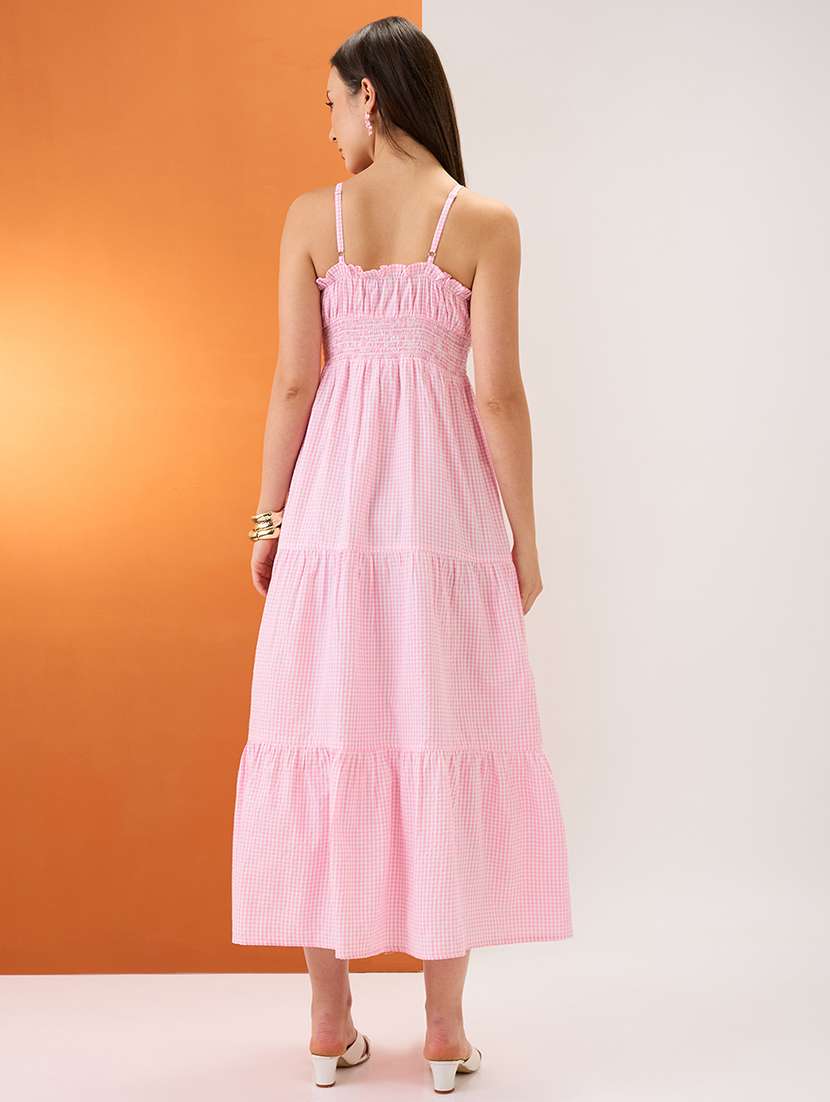 women pink checkered square neck strappy sleeves smocked tiered fit & flare maxi dress - 21980155 -  Standard Image - 2