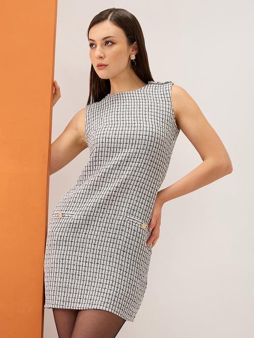women grey tweed checkered round neck utility pockets mini sheath workwear dress - 21980156 -  Standard Image - 0