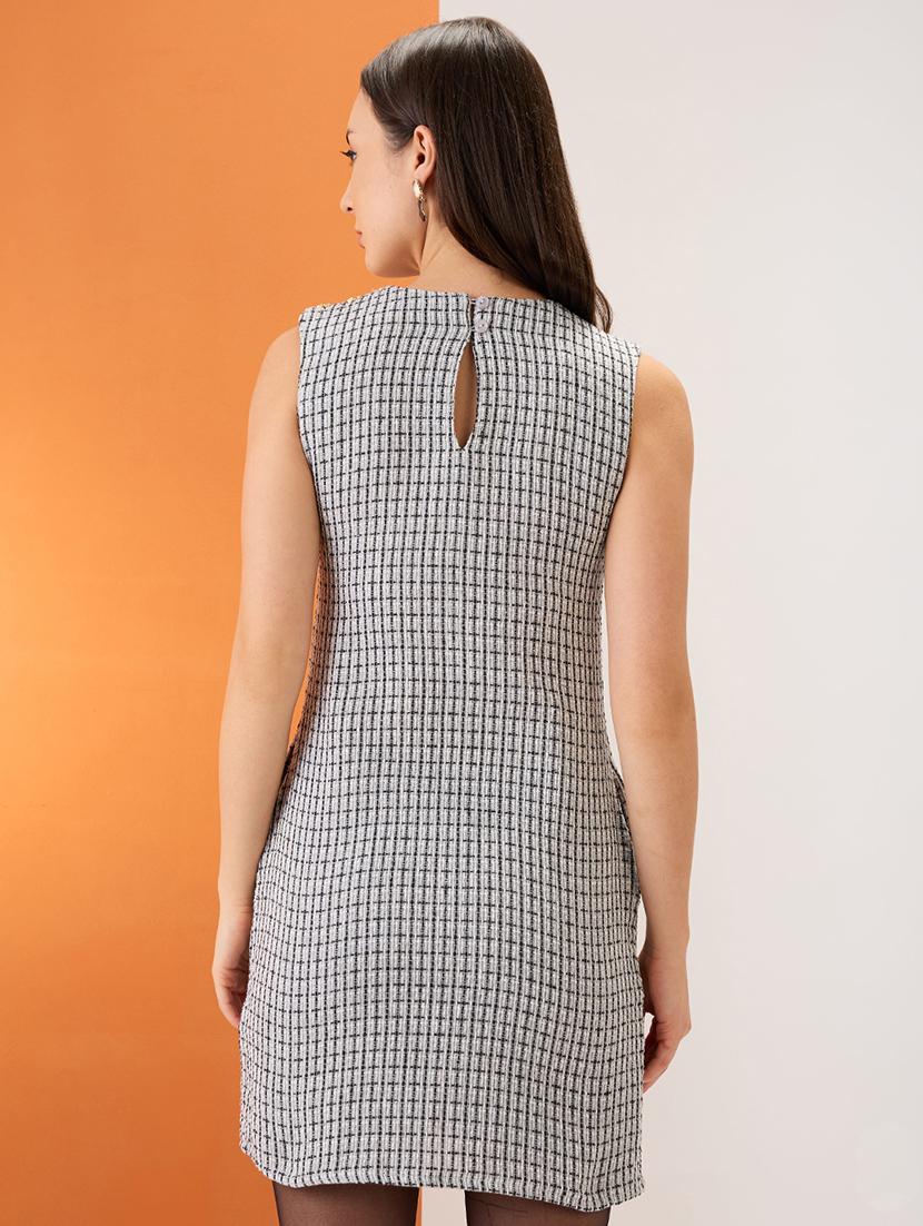 women grey tweed checkered round neck utility pockets mini sheath workwear dress - 21980156 - Standard Image - 2