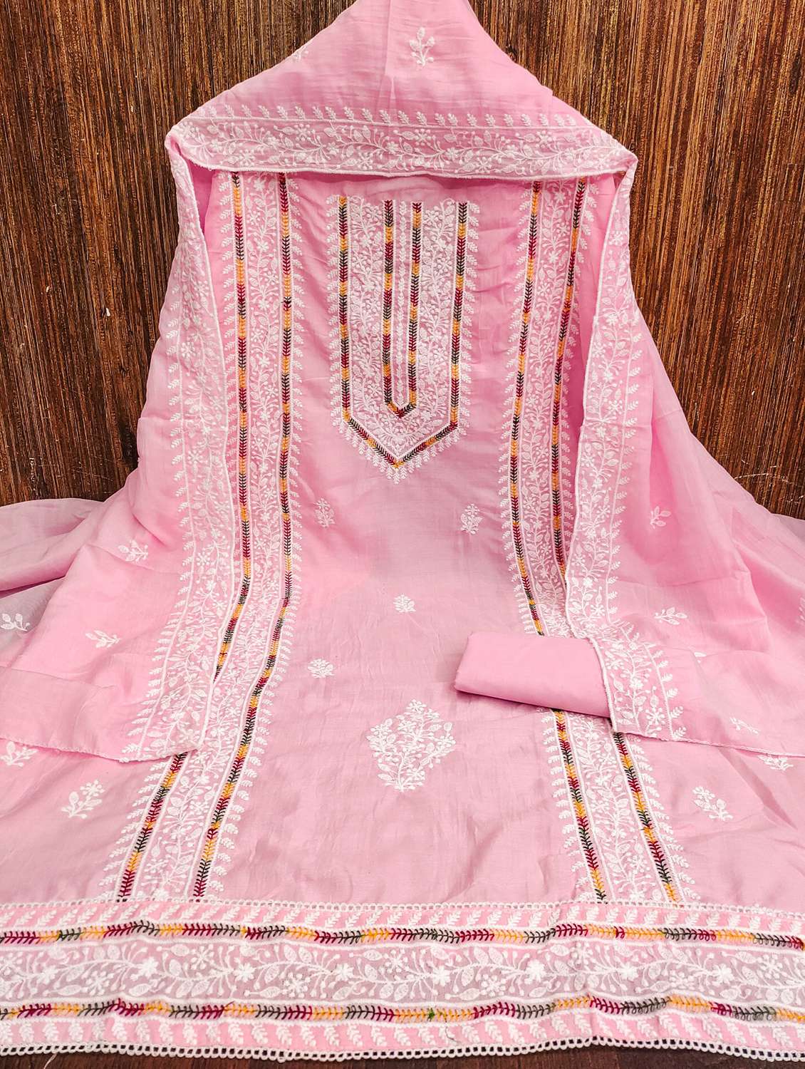 women solid with work embroidered unstitched suit set