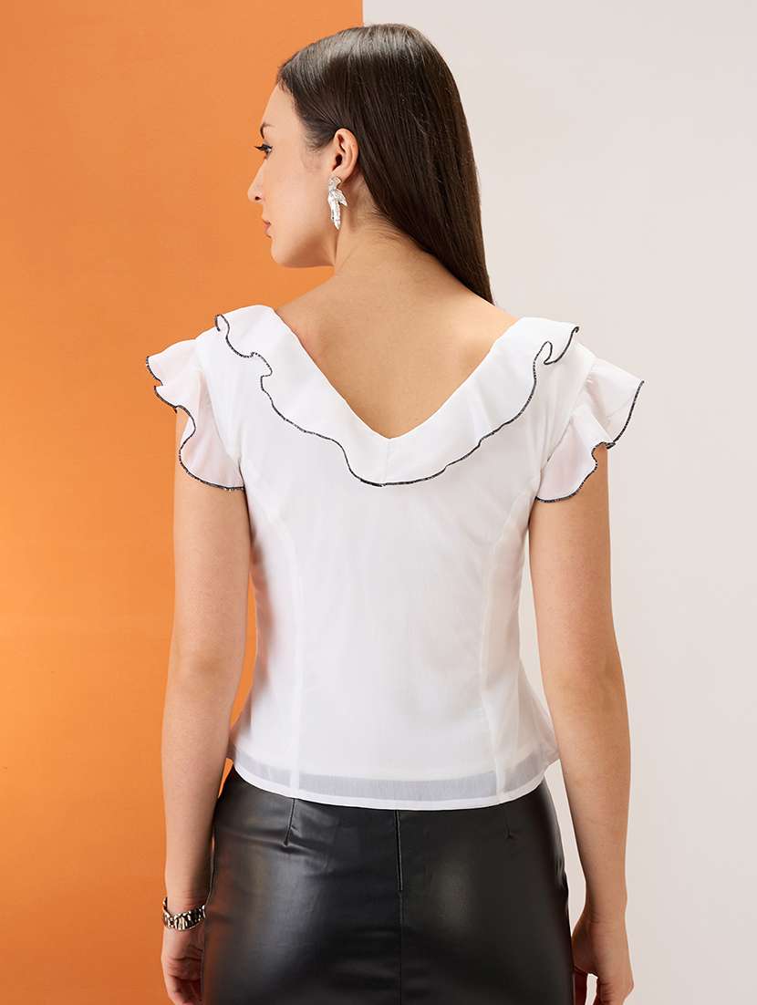 women white flared sleeves v-neck ruffle piping detail chiffon top - 21980174 -  Standard Image - 2