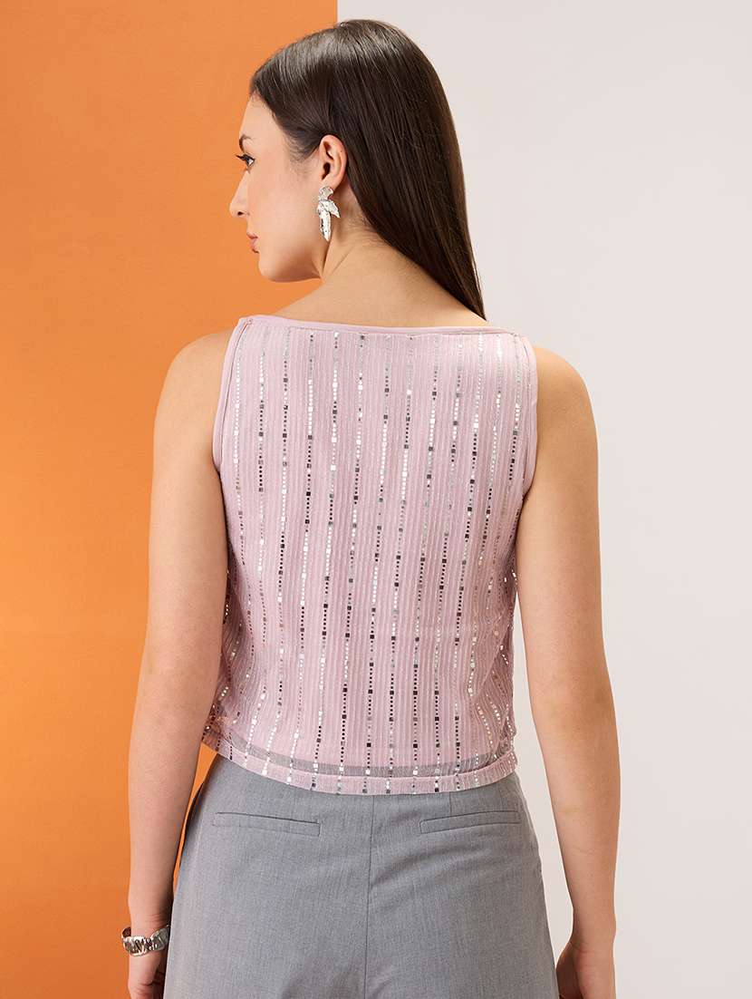 women pink cowl neck metal shoulder strap sequinned party top - 21980177 -  Standard Image - 2