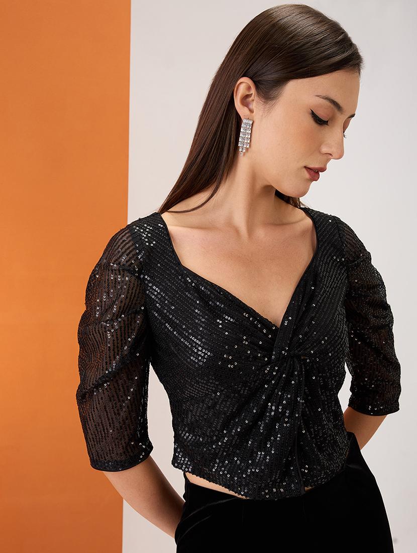 women black sweetheart neck ruched sleeves twisted detail sequinned party crop top - 21980179 - Standard Image - 2