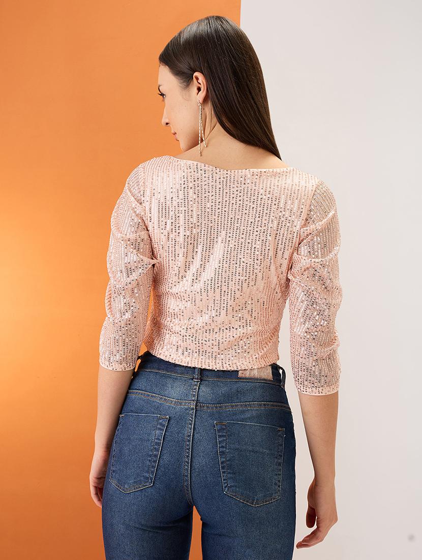 women champagne sweetheart neck ruched sleeves twisted detail sequinned party crop top - 21980180 - Standard Image - 2