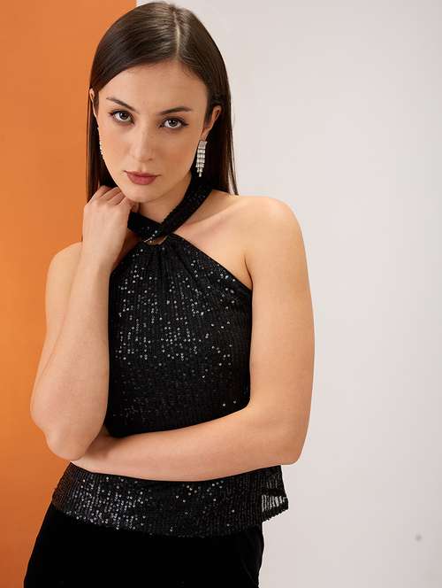 women black halter neck twisted detail sequinned party top - 21980182 - Standard Image - 0