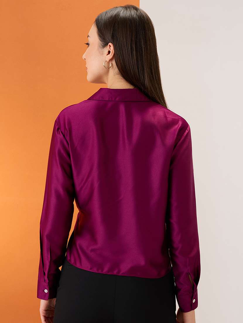 women burgundy solid shirt collar cuffed sleeves twisted buckle detail shirt style party top - 21980183 -  Standard Image - 2