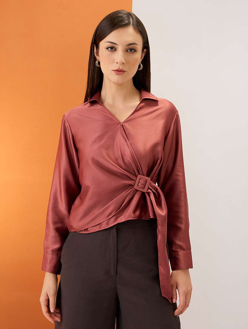 women pink solid shirt collar cuffed sleeves twisted buckle detail shirt style party top