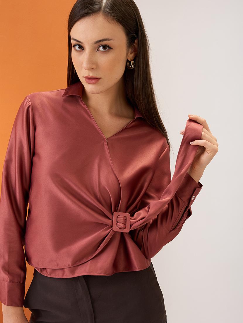 women pink solid shirt collar cuffed sleeves twisted buckle detail shirt style party top - 21980184 - Standard Image - 2