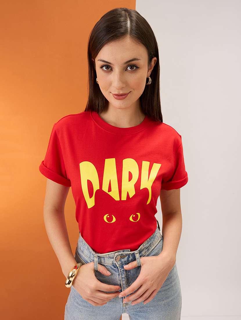 women red graphic print round neck short sleeves boxy fit t-shirt