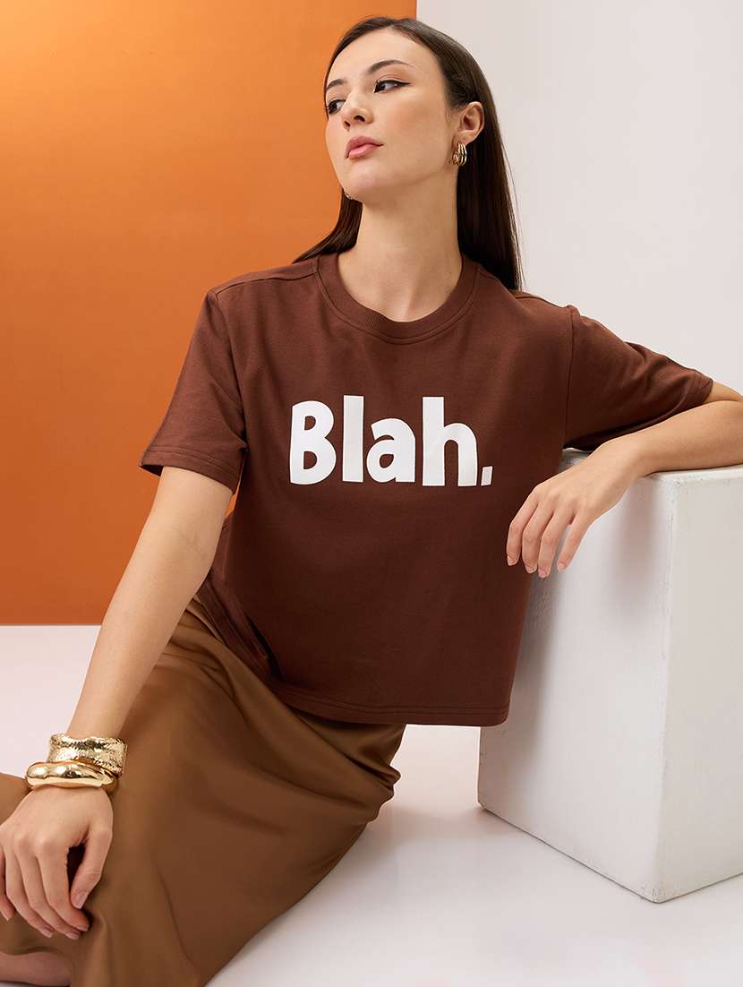 women brown typography print round neck short sleeves boxy fit t-shirt