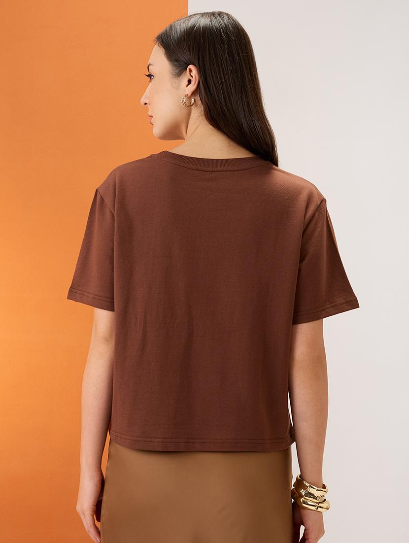 women brown typography print round neck short sleeves boxy fit t-shirt - 21980186 - Standard Image - 2
