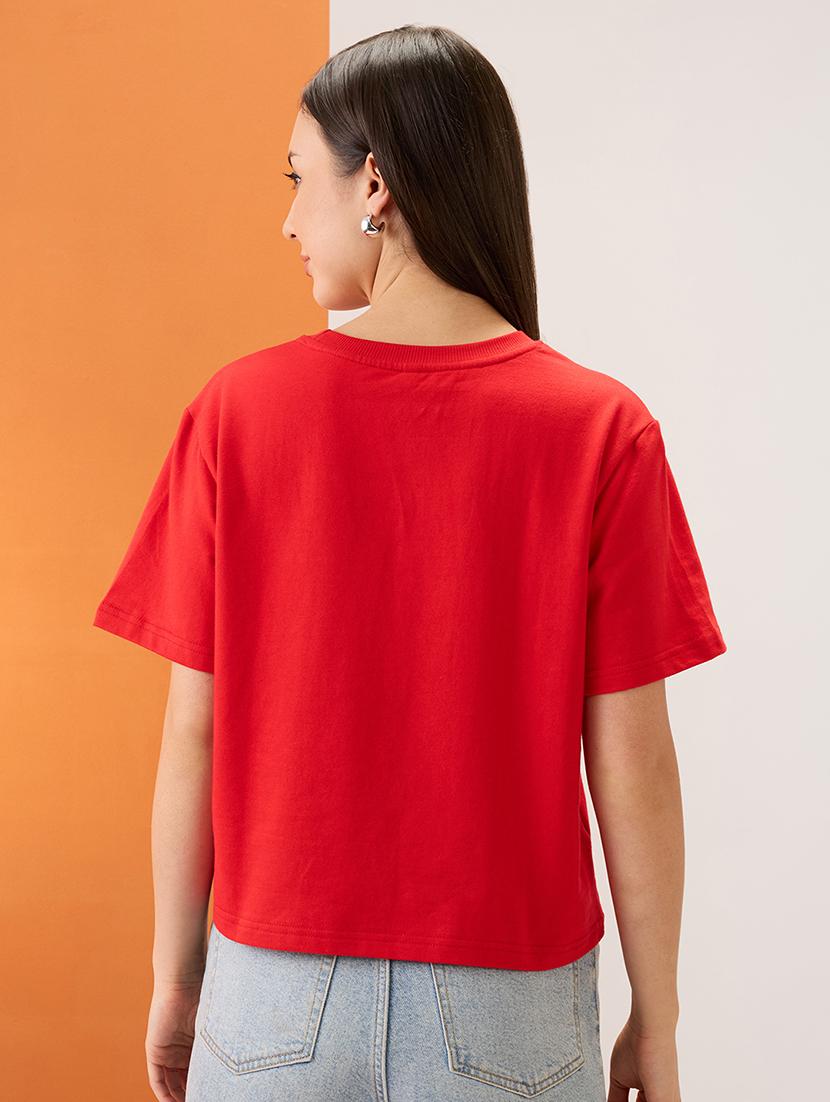 women red typography print round neck short sleeves boxy fit t-shirt - 21980187 - Standard Image - 2