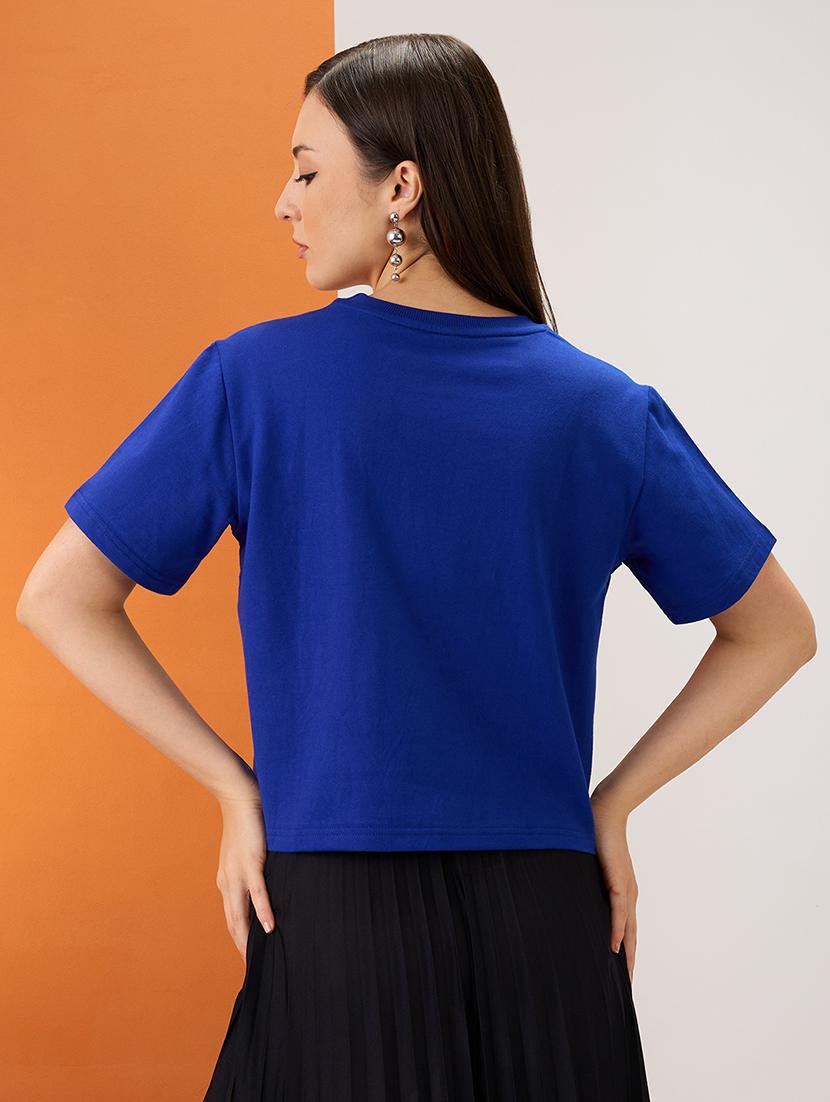 women blue embroidered typography round neck short sleeves boxy fit crop t-shirt - 21980188 - Standard Image - 2