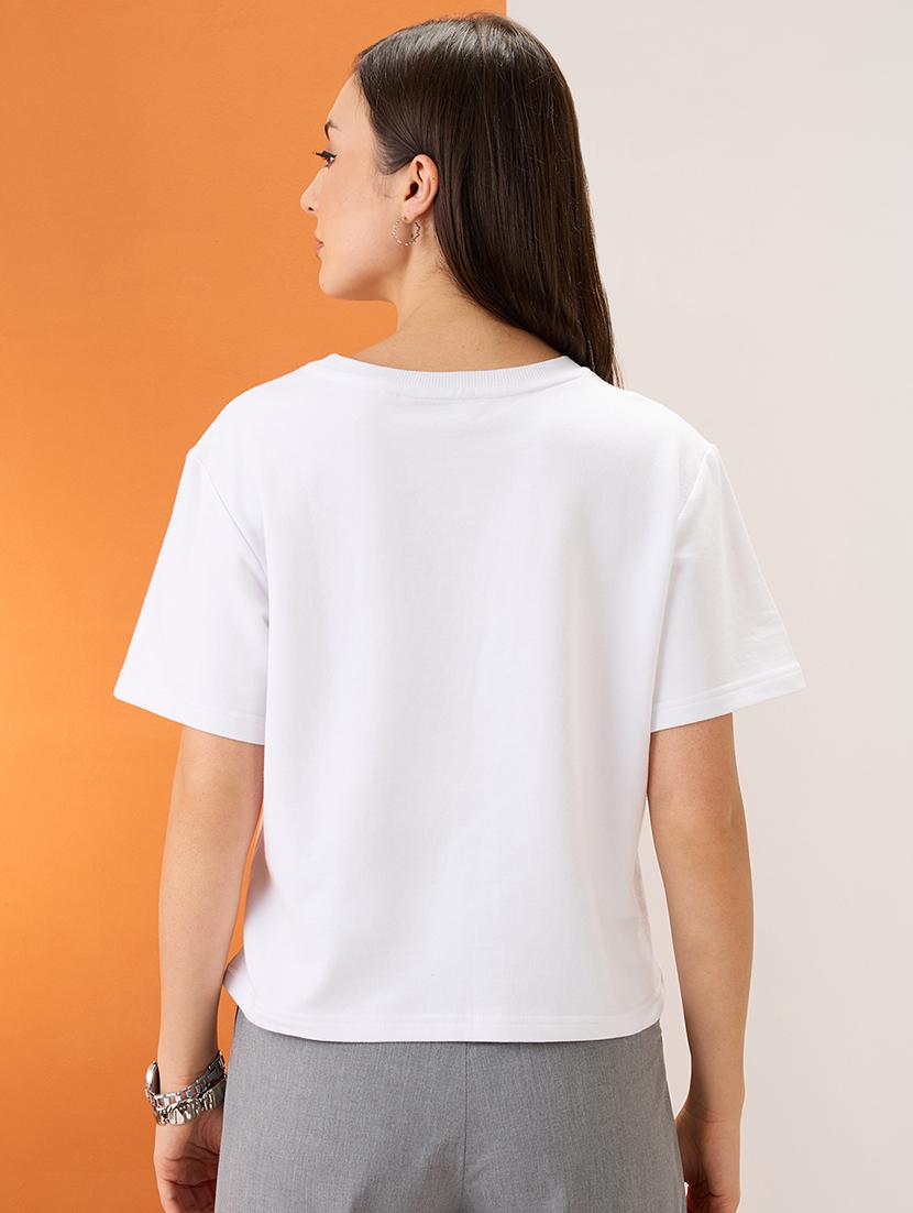 women white typography print embellished detail round neck short sleeves boxy fit crop t-shirt - 21980189 - Standard Image - 2