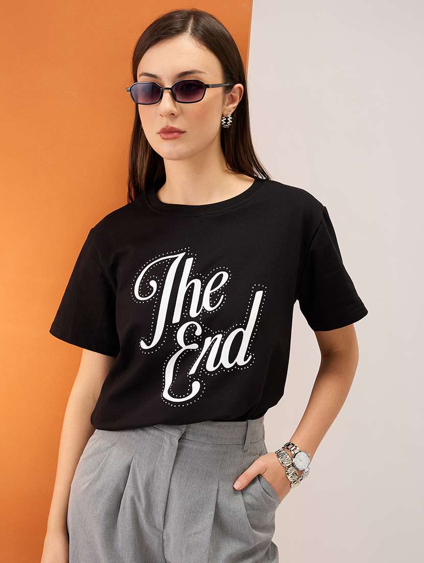 women black typography print embellished detail round neck short sleeves boxy fit crop t-shirt
