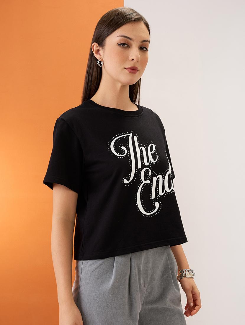women black typography print embellished detail round neck short sleeves boxy fit crop t-shirt - 21980190 - Standard Image - 2