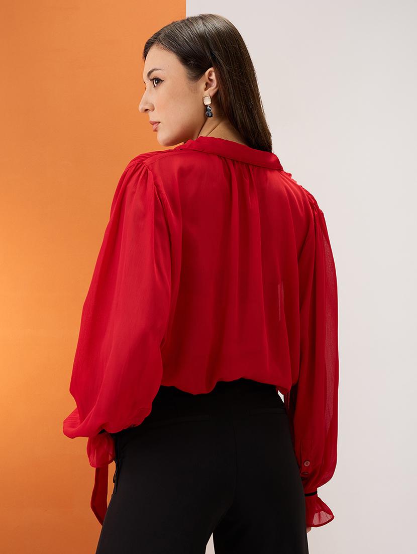 women red collared neck tie detail bishop sleeves chiffon party shirt - 21980192 - Standard Image - 2