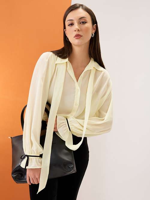 women yellow collared neck tie detail bishop sleeves chiffon party shirt - 21980193 -  Standard Image - 0