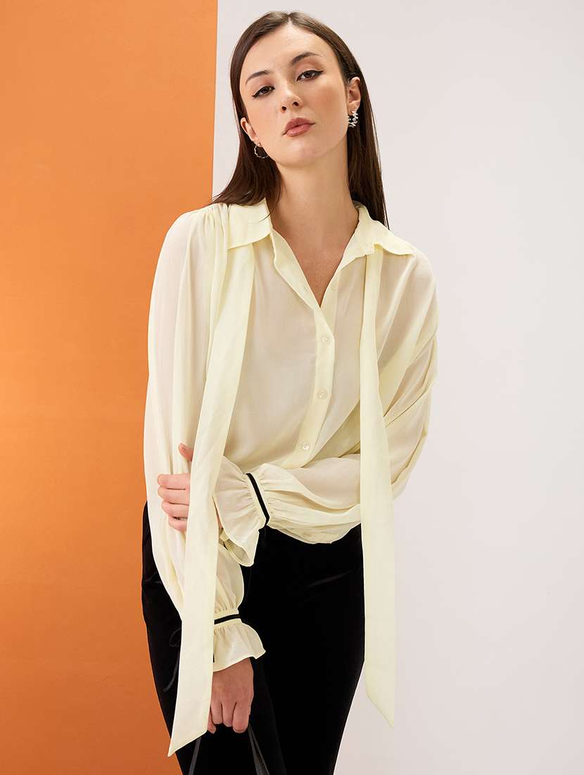 women yellow collared neck tie detail bishop sleeves chiffon party shirt - 21980193 - Standard Image - 2