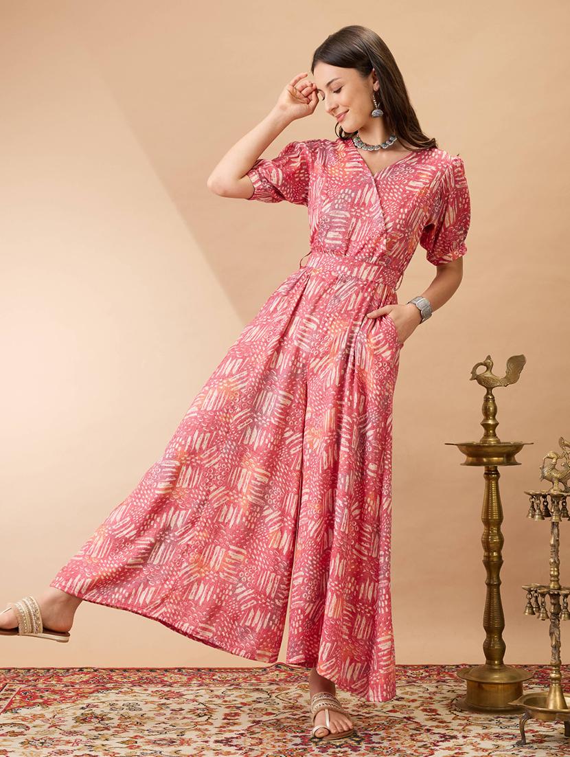 women pink wrap v-neck puff sleeves abstract print flared wide leg fusion jumpsuit with belt