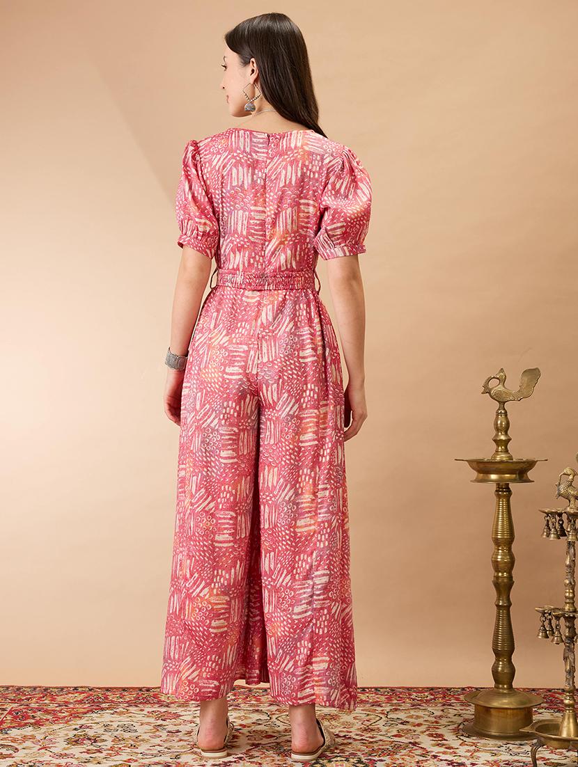 women pink wrap v-neck puff sleeves abstract print flared wide leg fusion jumpsuit with belt - 21980196 - Standard Image - 2