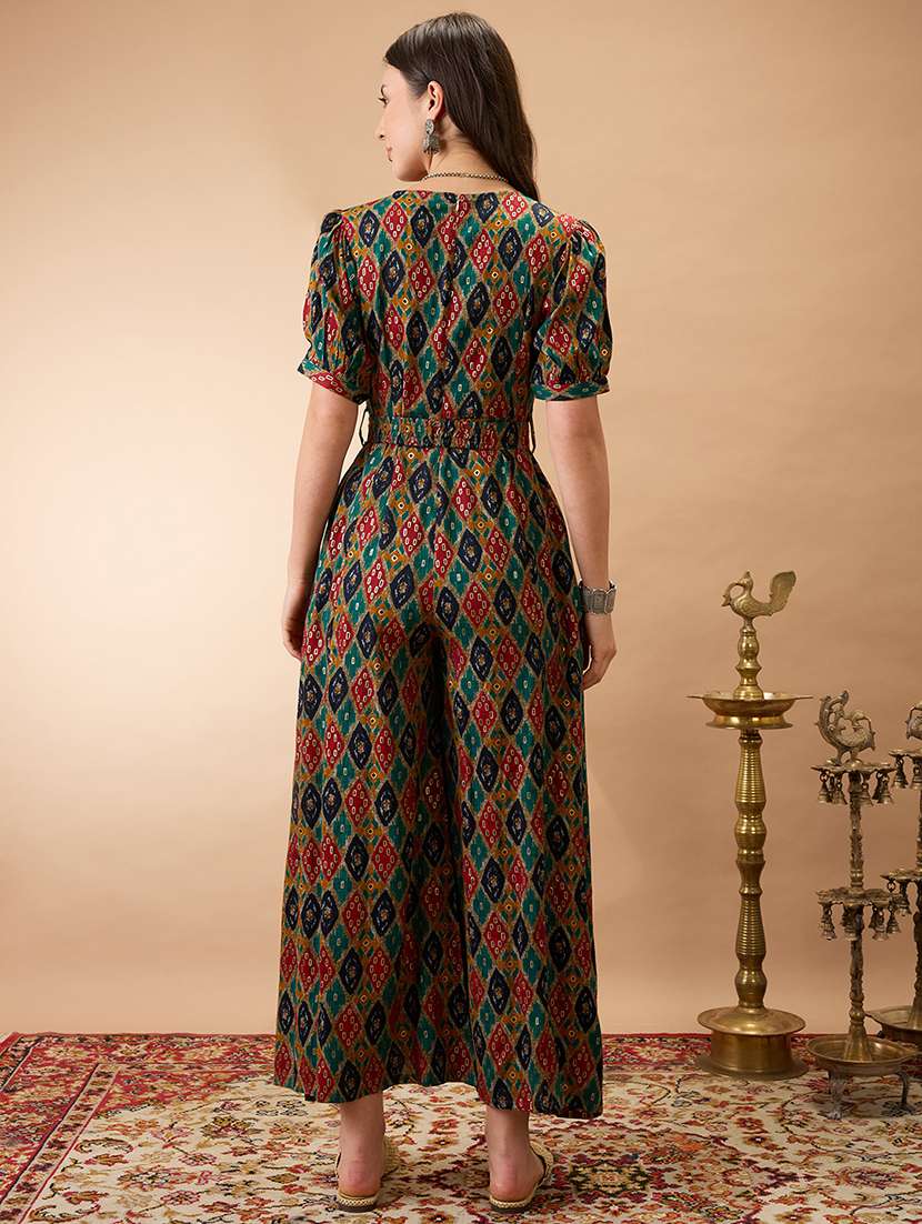 women multi color wrap v-neck puff sleeves ethnic motifs print flared wide leg fusion jumpsuit with belt - 21980197 -  Standard Image - 2