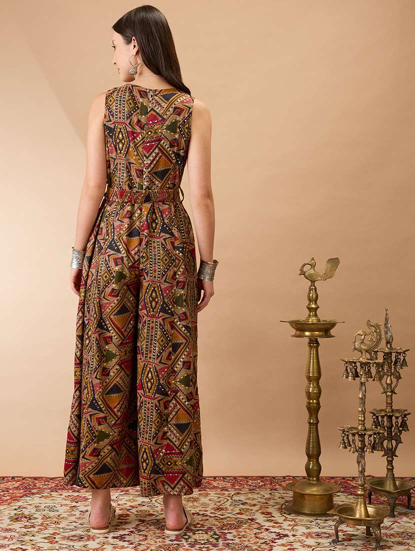 women mustard wrap v-neck sleeveless tribal print flared wide leg fusion jumpsuit with belt - 21980199 -  Standard Image - 2