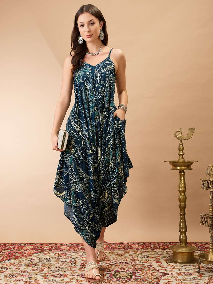 women teal floral print v-neck shoulder strap dhoti style fusion jumpsuit