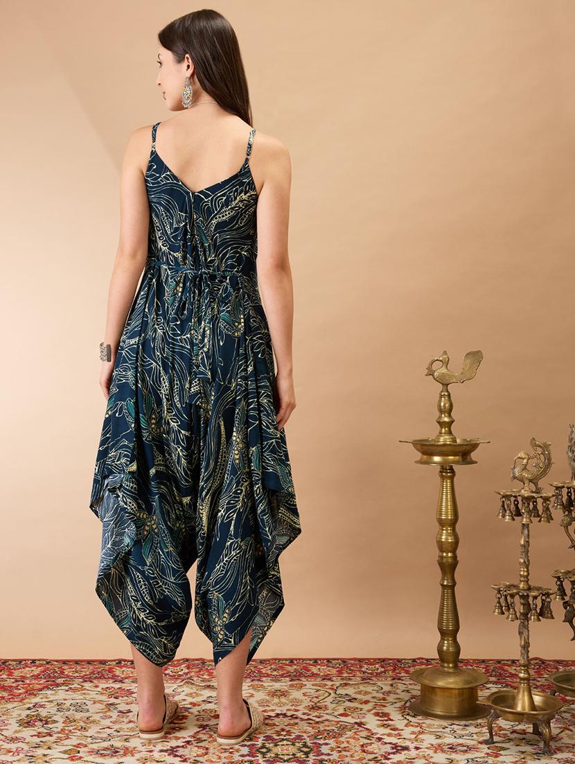 women teal floral print v-neck shoulder strap dhoti style fusion jumpsuit - 21980200 - Standard Image - 2