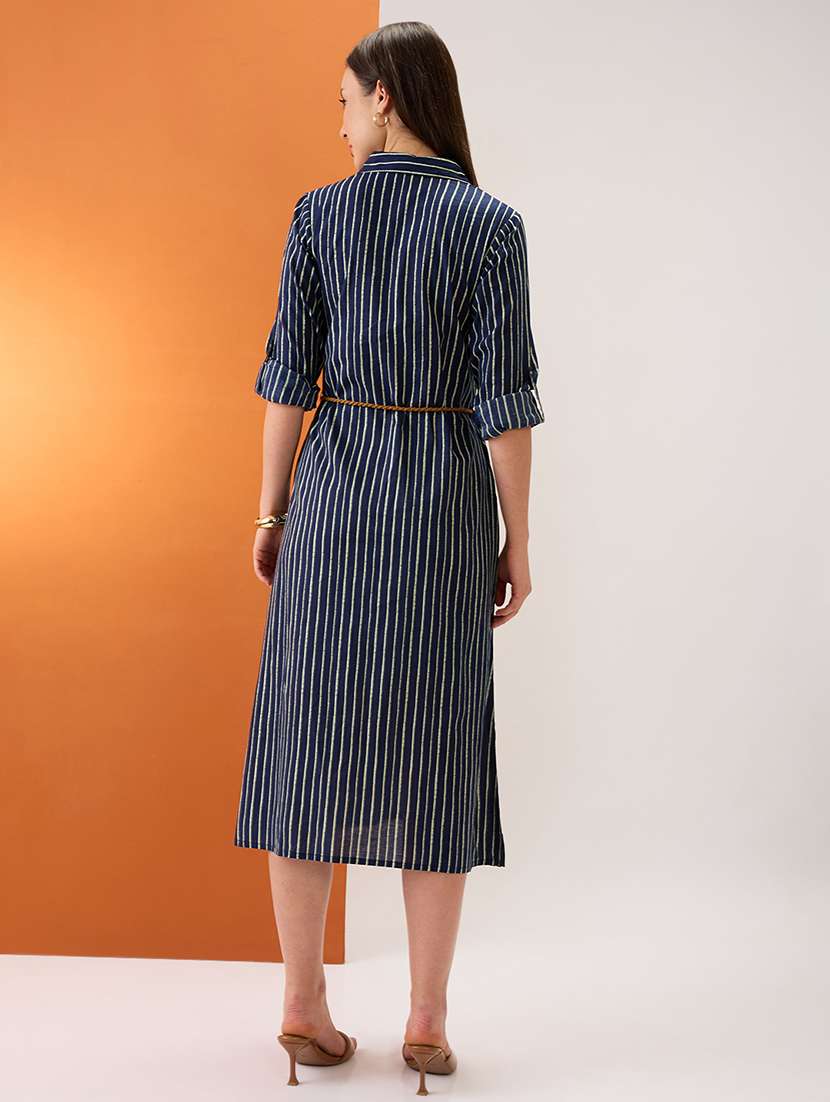 women indigo collared neck roll-up sleeves drawstring waist tie-up stripes midi a-line workwear dress - 21980209 -  Standard Image - 2