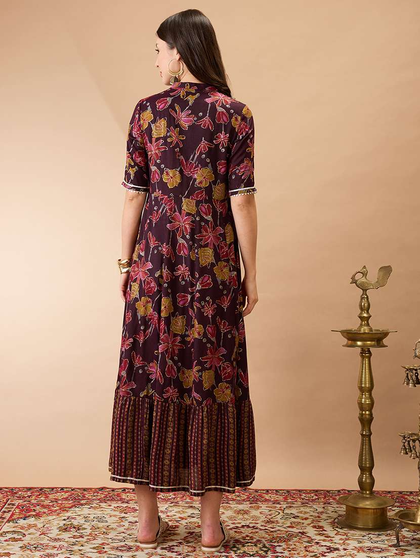 women wine floral print mandarin collar gota lace yoke flared hem a-line maxi dress - 21980210 -  Standard Image - 2