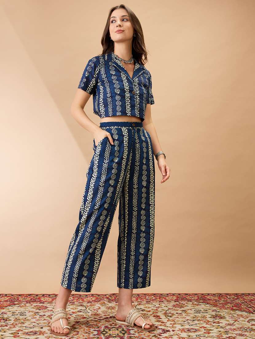 women indigo ethnic print notch lapel crop shirt with straight pant co-ords set - 21980213 -  Standard Image - 2