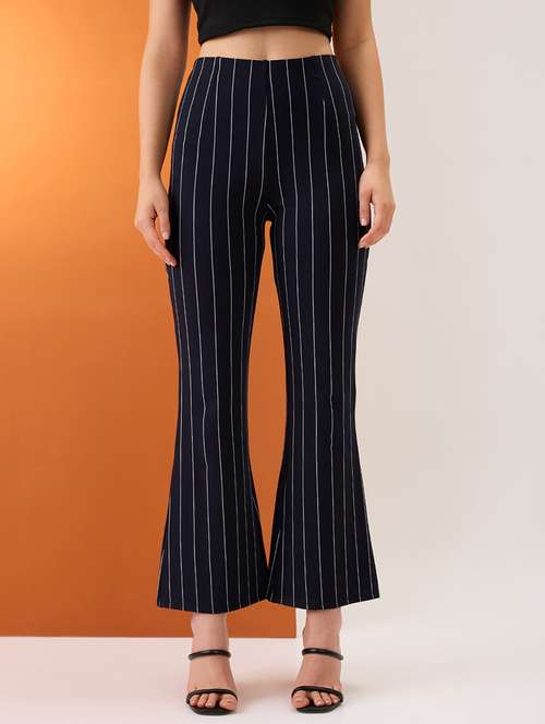 women navy striped mid-rise stretchable bootcut trousers - 21980223 -  Standard Image - 0
