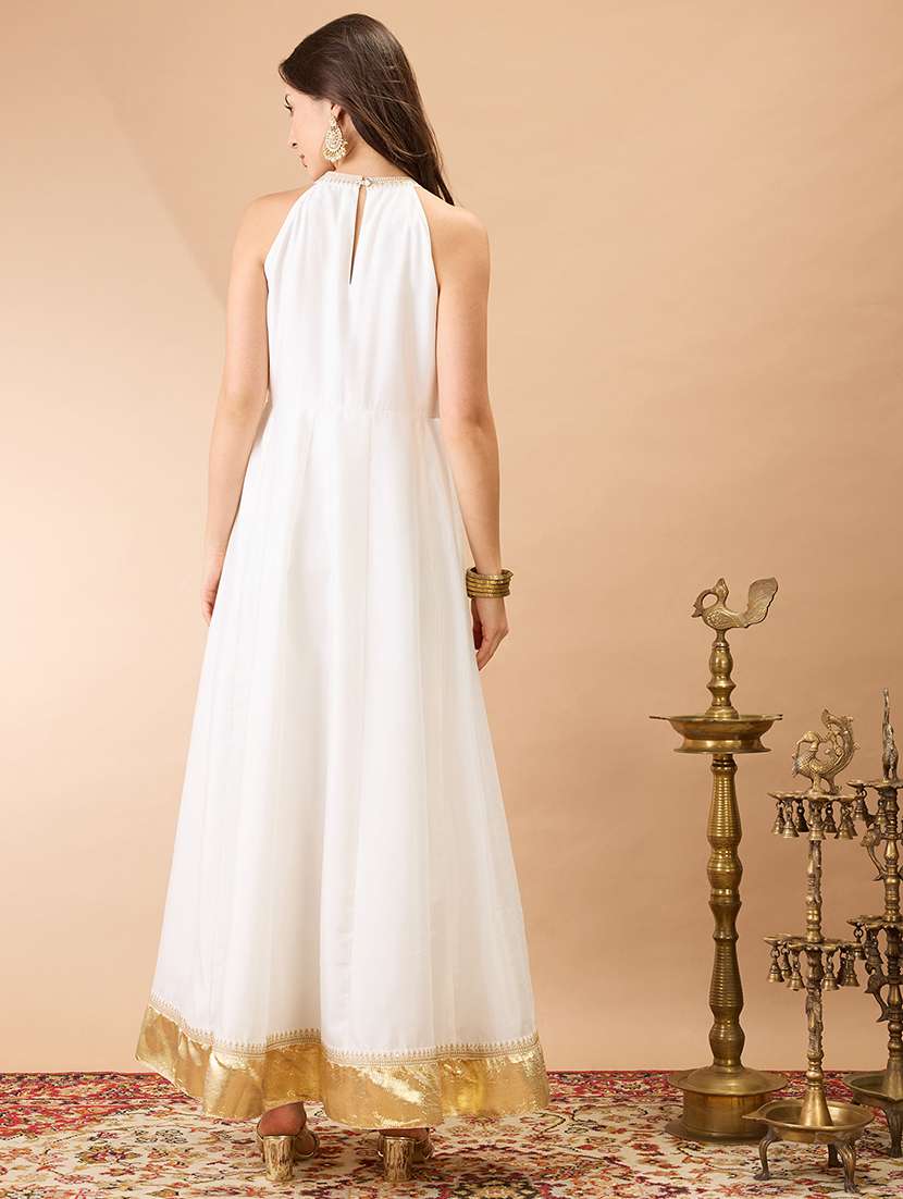 women off-white sequin embroidery halter neck gotta lace flared hem a-line maxi festive dress - 21980224 -  Standard Image - 2