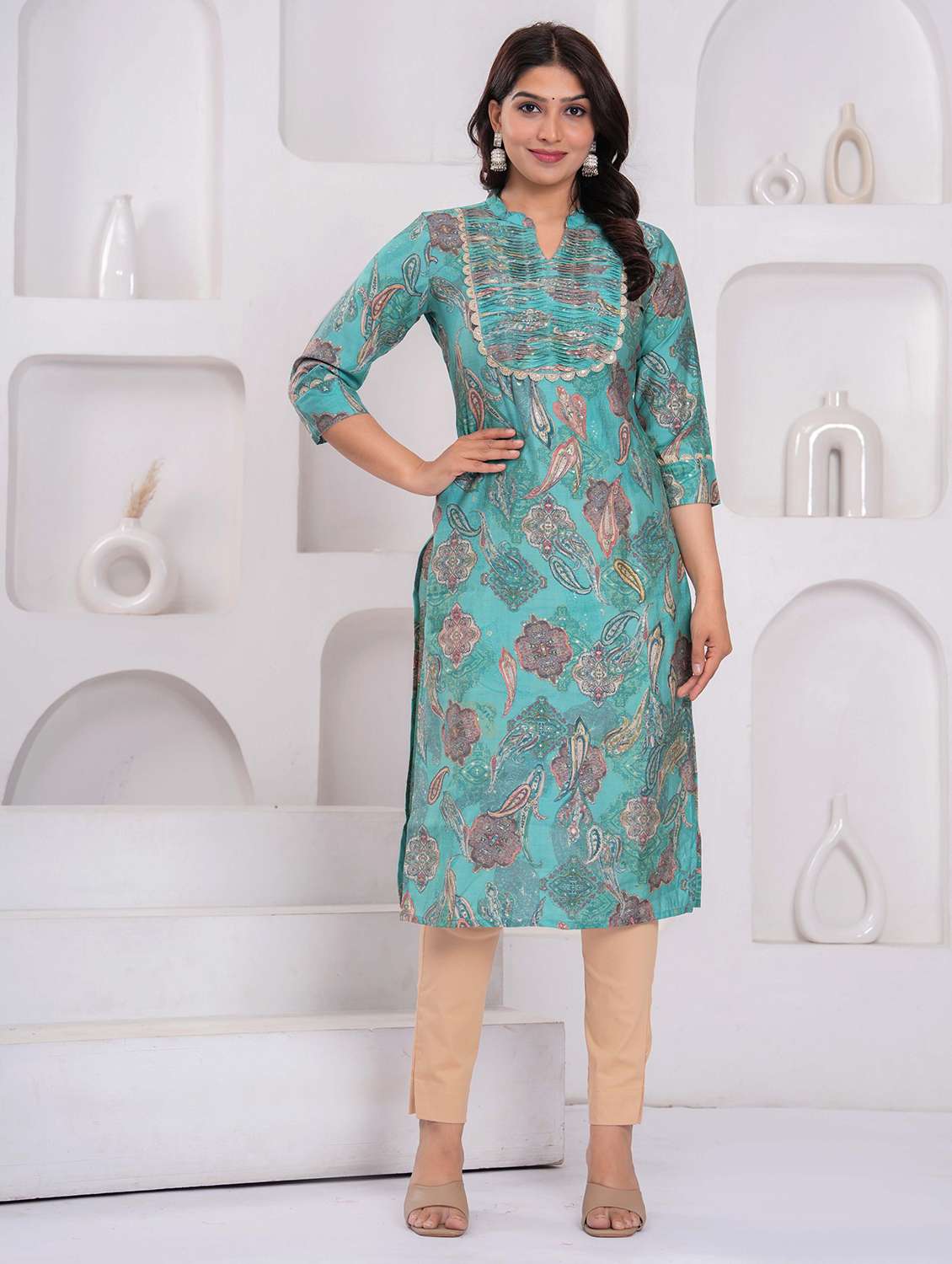 women printed three quarter sleeve straight kurta