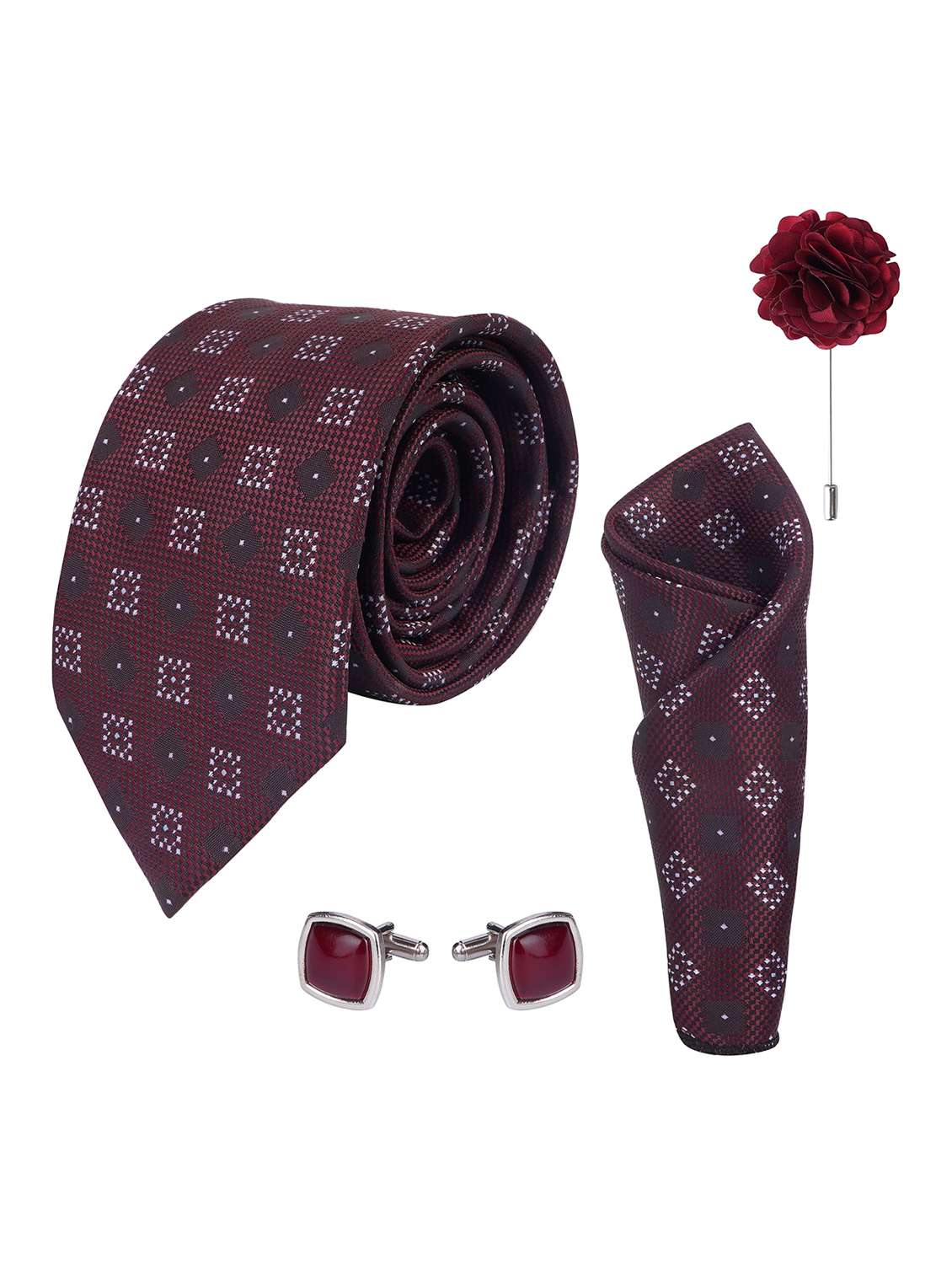 necktie gift set with pocket square cufflinks & brooch pin tie for men