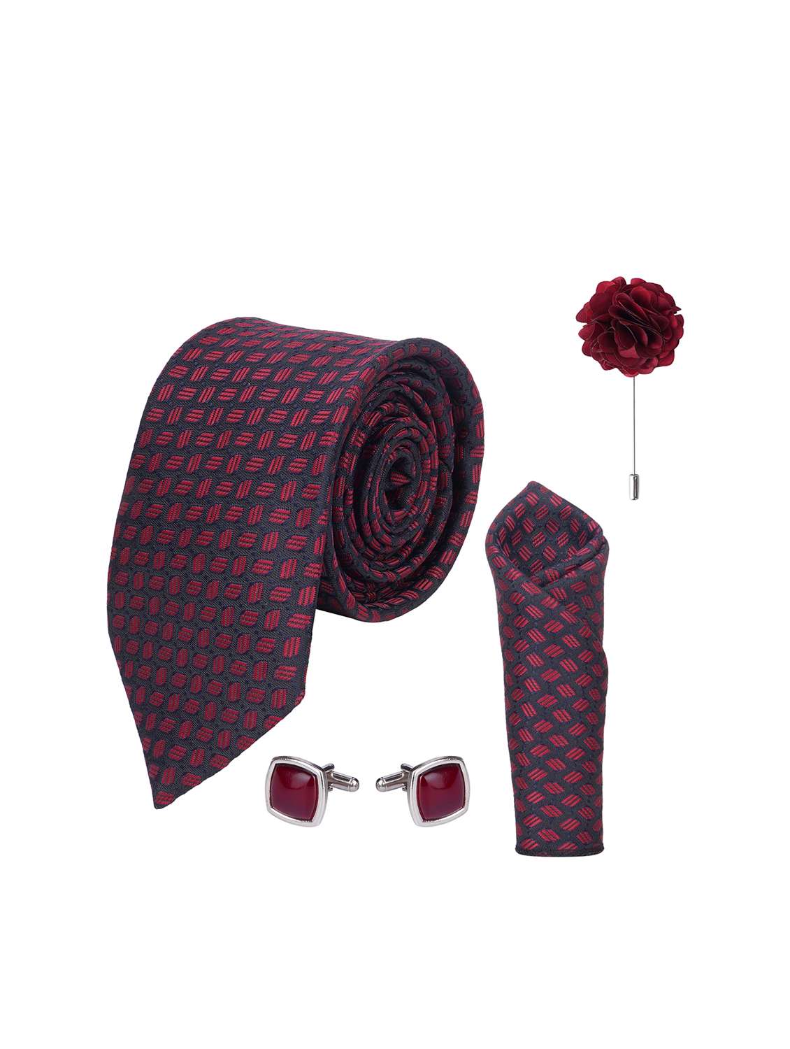 geometric printed maroon tie cufflinks set