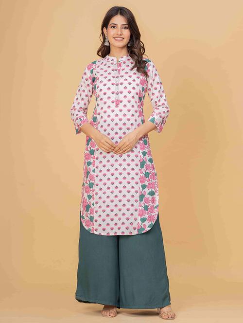 women floral three quarter sleeve straight kurta - 21980379 -  Standard Image - 0